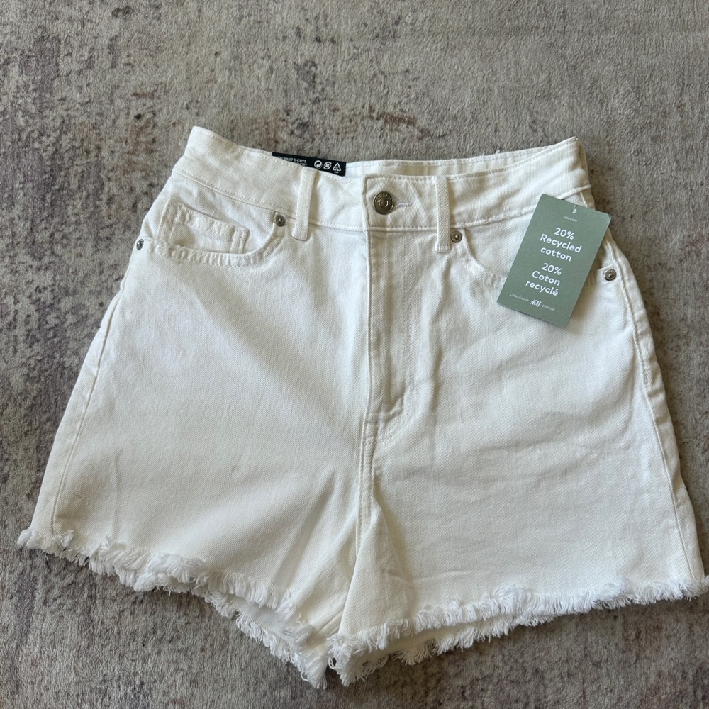 H&M White High-Rise Frayed Hem Denim Shorts